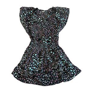 Poupette St. Barth Black Floral Heart Print Mini Dress Short Sleeves Size Small